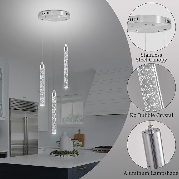Crystal Kitchen Island Chandelier, Modern Chrome Spiral Dimmable LED Cluster Raindrop Foyer Chandelier Lighting, Bubble Dining Room Hanging Light Fixture 3 Light Remote Control