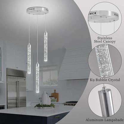 Crystal Kitchen Island Chandelier, Modern Chrome Spiral Dimmable LED Cluster Raindrop Foyer Chandelier Lighting, Bubble Dining Room Hanging Light Fixture 3 Light Remote Control