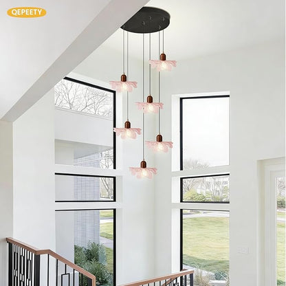 6-Light Pink Glass Flower Chandelier with Wood, Modern Adjustable Staircase Pendant Light, Mid Century Floral Hanging Ceiling Fixture for Living Room Dining Room Foyer Entryway