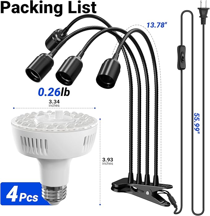 Barrina Orbgrow OG11A4 Clip On Grow Lights for Indoor Plants, Integrated Stepless Dimming & Timing, 4000K 44W(4 x 11W, 400 Watt Equiv), Full Spectrum 4-Gooseneck with E26 Plant Light Bulbs