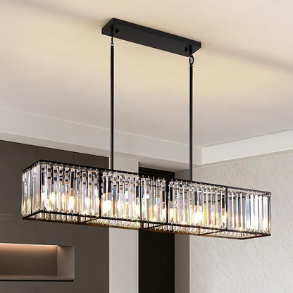 Siljoy Modern Crystal Chandelier for Dining Room, 7 Lights Black Large Rectangular Farmhouse Crystal Chandelier Industrial Rectangle Pendant Ceiling Light for Living Room Kitchen Island Bar L47''