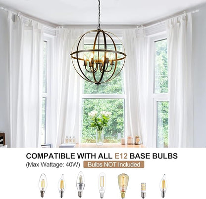 DLLT 6-Light Orb Chandelier, Black and Gold Globe Pendant Lights, Industrial Sphere Pendant Lighting Over Island, Adjustable Hanging Light with Metal Cage for Dining Room Foyer, E12 Bulbs Not Included