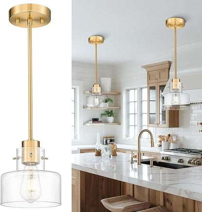 Brushed Gold Pendant Lights Kitchen Island, 6" Pendant Light Fixtures Over Island with Clear Glass Shade, Modern Brass Kitchen Island Lighting for Dining Room Entryway, PL124-BG-G-1PK
