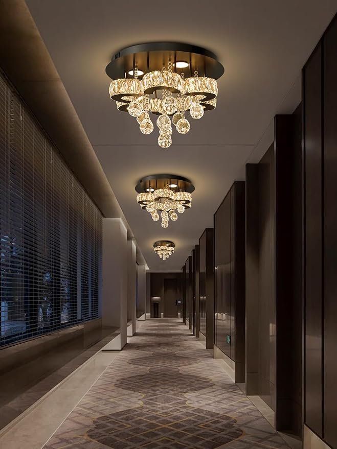 Flashing God 16" Small Crystal Chandelier LED Ceiling Light Fixtures Stainless Steel Flush Mount Ceiling Chandeliers Light for Bedroom,Foyer,Hallway