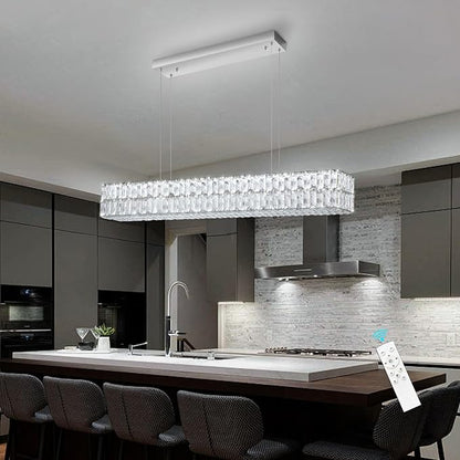 47 Inch Rectangular Crystal Chandelier Glam Dimmable LED Chandeliers for Dining Room Linear Pendant Light with Remote Control for Kitchen Island Silver