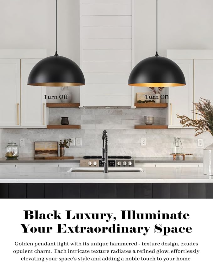 Large Pendant Lights Kitchen Island 3 Packs, 16 inch Black and Gold Dome Pendant Light, Industrial Farmhouse Pendant Lights Fixtures Metal for Kitchen Island, Dining Room, Cafe, Bar