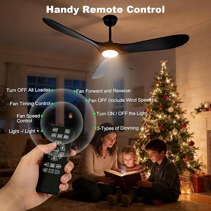 52 Inch Ceiling Fans with Lights and Remote, Wood Outdoor Ceiling Fan with 6 Speed Noiseless DC Motor, Indoor Modern 3 Blade Propeller Ceiling Fan for Bedroom Living Room Gazebo Patio (Black)