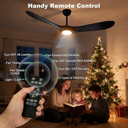 52 Inch Ceiling Fans with Lights and Remote, Wood Outdoor Ceiling Fan with 6 Speed Noiseless DC Motor, Indoor Modern 3 Blade Propeller Ceiling Fan for Bedroom Living Room Gazebo Patio (Black)
