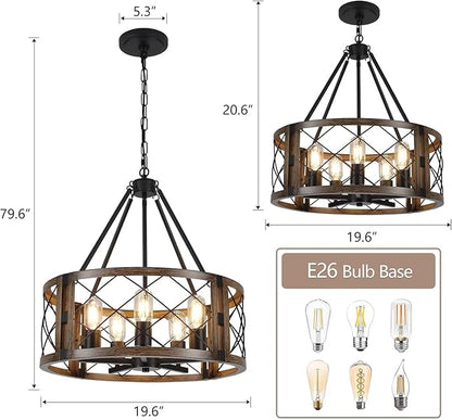 5-Light Farmhouse Chandelier 19.8" Black and Brown Rustic Chandelier for Dining Room Wood Texture Adjustable Pendant Light Fixture for Kitchen Island Entryway Bedroom Hallway