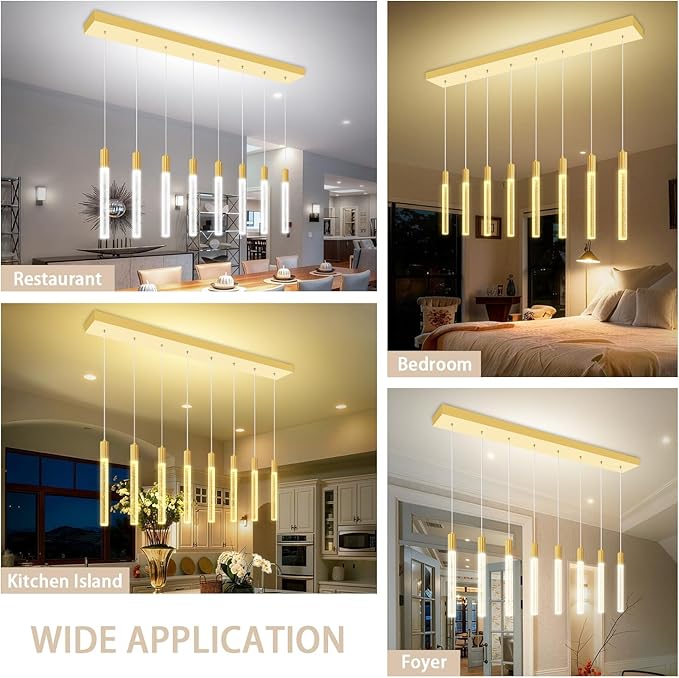8-Light Gold Rectangular LED Chandelier, Bubble Crystal Column Chandeliers, Modern Dimmable Adjustable Height Hanging Light for Kitchen Island, Over Dining Room Table