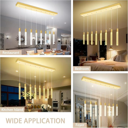 8-Light Gold Rectangular LED Chandelier, Bubble Crystal Column Chandeliers, Modern Dimmable Adjustable Height Hanging Light for Kitchen Island, Over Dining Room Table