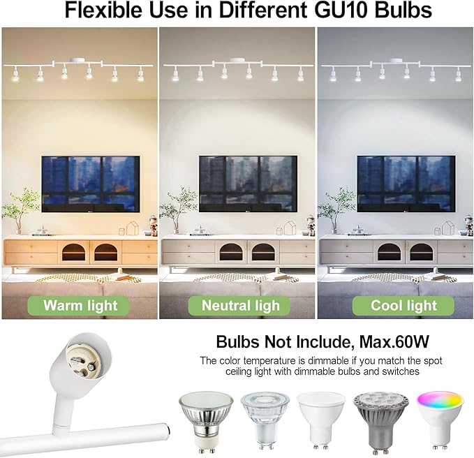 6 Light Track Lighting Fixture, GU10 Rotatable Heads, Matte White, Bulbs Not Included, Perfect for Kitchen, Office, Laundry, Dining Room