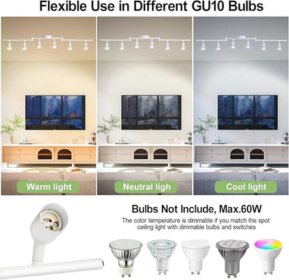6 Light Track Lighting Fixture, GU10 Rotatable Heads, Matte White, Bulbs Not Included, Perfect for Kitchen, Office, Laundry, Dining Room