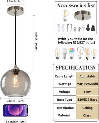 Light Grey Glass Pendant Light for Kitchen Island, Includes 3 Bulbs & 4.92FT Adjustable Cord, Modern Pendant Lighting Fixtures for Kitchen, Dining Room, Living Room(7.1in)