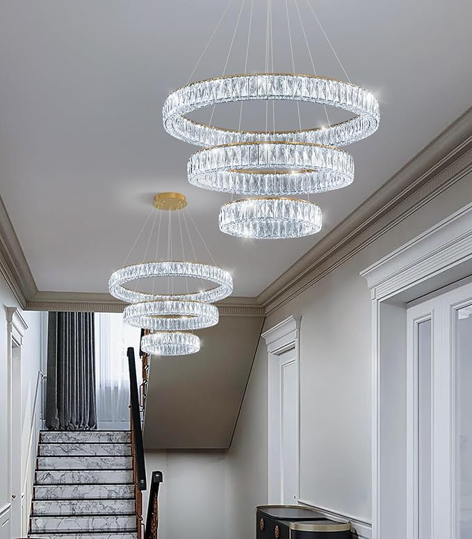 HAIXIANG Modern Glam Chandelier Crystal LED Remote Rings Chandelier Adjustable Hanging Ceilings Pendant Lights Fixture Gold 8"+16"+24" Rings Lighting