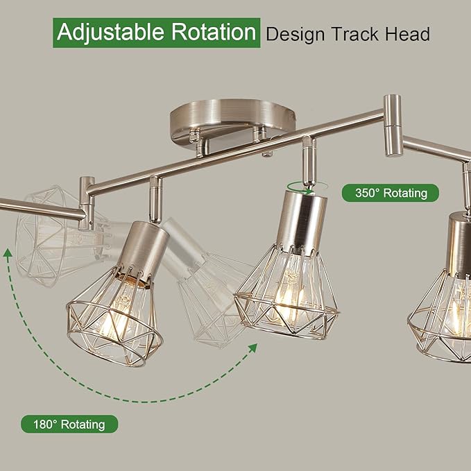 Brushed Nickel Track Lighting 3 Light Semi Flush Mount Ceiling Light Fixture Adjustable Flexibly Rotatable Farmhouse Dining Room Kitchen Light Fixtures with Metal Cage