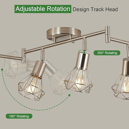 Brushed Nickel Track Lighting 3 Light Semi Flush Mount Ceiling Light Fixture Adjustable Flexibly Rotatable Farmhouse Dining Room Kitchen Light Fixtures with Metal Cage