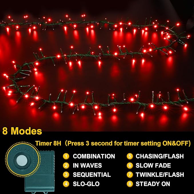 LAMPHOME 500 LED Red String Lights, 46ft 11 Modes Plug in Twinkle Fairy Lights, Waterproof Connectable Cluster Christmas Lights for Christmas Tree, Valentine's Day, Bedroom & Party Decor