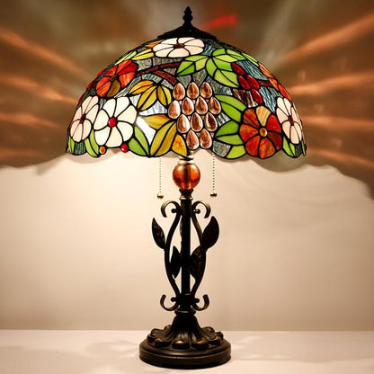 Tiffany Table Lamp Grapes Stained Glass Desk Reading Light 16X16X24 Inch Metal Leaf Base for Bedroom Living Room Home Office