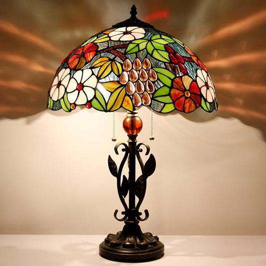 Tiffany Table Lamp Grapes Stained Glass Desk Reading Light 16X16X24 Inch Metal Leaf Base for Bedroom Living Room Home Office