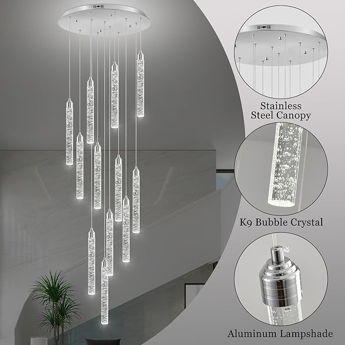Crystal Staircase Chandelier, Modern Chrome Large Spiral Dimmable LED Cluster Raindrop Foyer Chandelier Lighting, Bubble Living Room Hanging Light Fixture 12 Light Remote Control