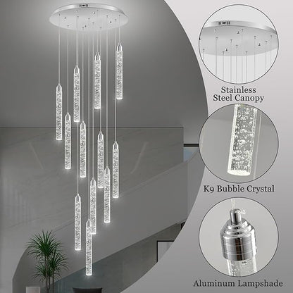 Crystal Staircase Chandelier, Modern Chrome Large Spiral Dimmable LED Cluster Raindrop Foyer Chandelier Lighting, Bubble Living Room Hanging Light Fixture 12 Light Remote Control