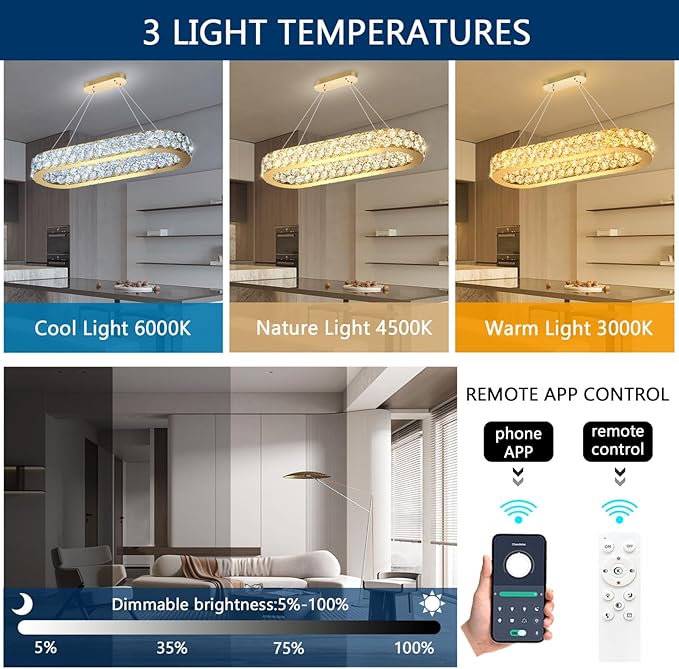 32'' Modern Oval Chandelier Crystal Chandeliers for Dining Room Round Ceiling Light Fixture for Living Room Lighting LED Dimmable with Remote Ring Lights Gold