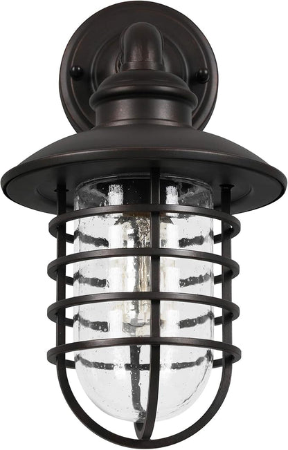 Design House 588970-BRZ Stevenson Rustic Industrial 1-Light Indoor Outdoor Dimmable Wall Light with Clear Seedy Glass and Metal Wire Shade for Kitchen Hallway Bedroom Bathroom Patio, Bronze