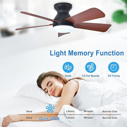 Depuley 35-Inch Ceiling Fan with Light: Walnut 5 Blade Low Profile Small Fans for Kitchen Bedroom - Flush Mount Ceiling Fan for Indoor/Outdoor with Remote Control Reversible Timer - 2 Packs