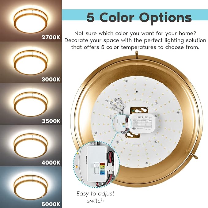 LUXRITE 18 Inch LED Flush Mount Ceiling Light, 5 Color Selectable 2700K | 3000K | 3500K | 4000K | 5000K, Dimmable Ceiling Light Fixture, 24W, 2160 Lumens, Energy Star, ETL Listed, Brushed Brass