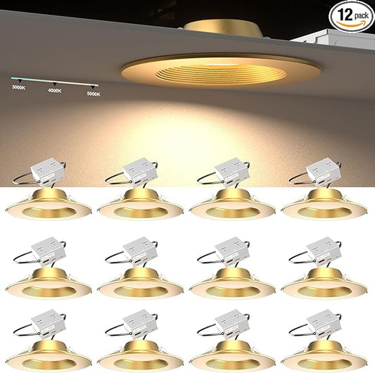 Lightdot 6 Inch Recessed Lighting 12 Pack Gold, 12W Dimmable LED Downlight 3CCT Selectable (3000K/4000K/5000K), Anti-Glare Slim Canless Ceiling Light