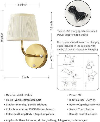 PUSU Motion Sensor Gold H9.6 inch Small Wall Sconces Set of 2, LED Cordless Rechargeable 5200mAh Battery Operated Fabric Wall Lamps with Remote, Lighting for Living Room, Bedroom, Hallway, Stairs