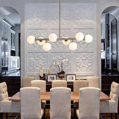Modern Linear Chandelier, Mid Century Gold Sputnik Pendant Light with White Glass Lampshade,8 Lights Globe Rectangle Chandelier,for Dining Room Kitchen L31.4 in x W10.6 in