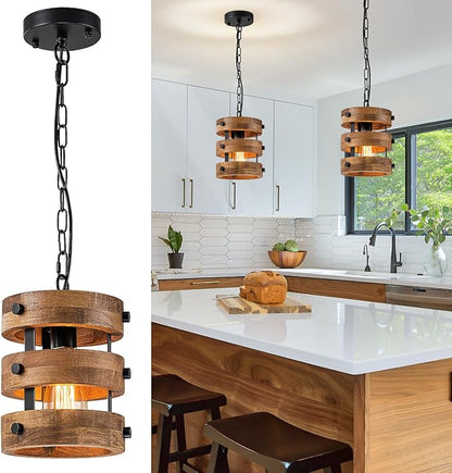 Farmhouse Dining Room Light Fixture, Retro Industrial Metal and Wood Chandelier, Rustic Pendant Lights Kitchen Island for Foyer Hallway Bar Restaurant, D 7.9" x H 8.7"