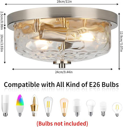 Brushed Nickel Flush Mount Light, Kitchen Ceiling Fixture with Water Ripple Glass Shade, 2-Light Outdoor Porch Flush Mounts for Hallway, Foyer, Entryway, Bathroom