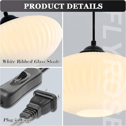Mid Century Modern Hanging Lights with Plug in Cord Large Milk Glass Pendant Light Black Industrial Pendant Light Plug in Hanging Light Fixture for Bedroom