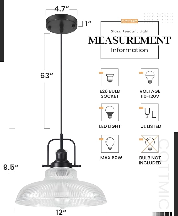 Black Glass Pendant Lights Kitchen Island 2 Pack, 12-inch Ribbed Glass Kitchen Pendant Lights, Farmhouse Pendant Lighting Over Island, Sink, Bar, Vintage Pendant Light for Dining Room
