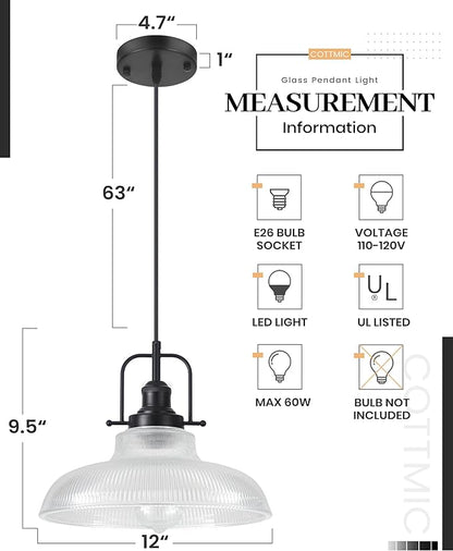 Black Glass Pendant Lights Kitchen Island 2 Pack, 12-inch Ribbed Glass Kitchen Pendant Lights, Farmhouse Pendant Lighting Over Island, Sink, Bar, Vintage Pendant Light for Dining Room