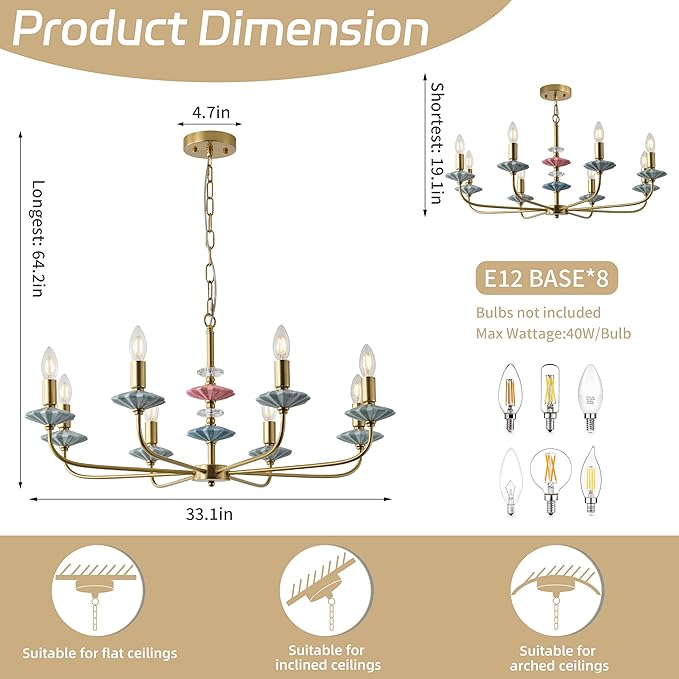 Brass Gold Chandeliers for Dining Room Light Fixture Over Table,8-Light Art Deco Chandelier, Modern Vintage Chandelier with Ceramic,Farmhouse Chandelier for Girls Bedroom Living Room, Foyer