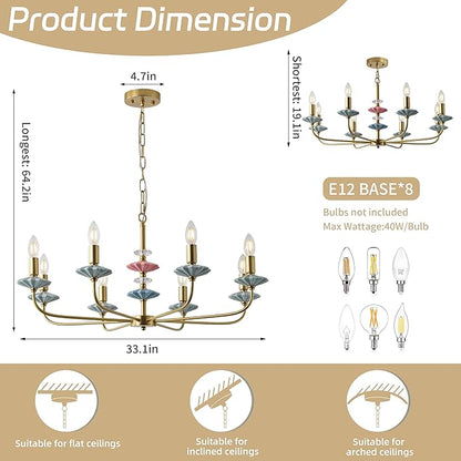 Brass Gold Chandeliers for Dining Room Light Fixture Over Table,8-Light Art Deco Chandelier, Modern Vintage Chandelier with Ceramic,Farmhouse Chandelier for Girls Bedroom Living Room, Foyer