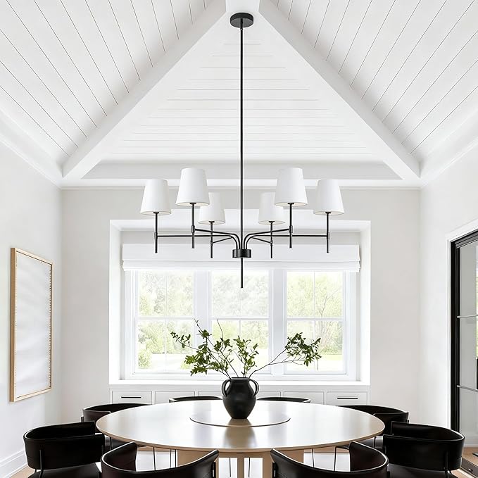 2026 New Black Chandeliers for Dining Room Light Fixture over Table, 34" 6-Light Classic Modern Farmhouse Black Chandelier with White Fabric Shade, Pendant Lighting for Kitchen Island Living Room