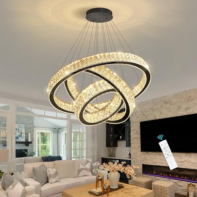 Modern Crystal Chandelier 55W Dimmable LED Chandeliers with Remote Luxury Height Adjustable Pendant Lighting for Living Room Dining Room Black
