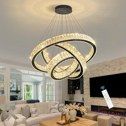 Modern Crystal Chandelier 55W Dimmable LED Chandeliers with Remote Luxury Height Adjustable Pendant Lighting for Living Room Dining Room Black