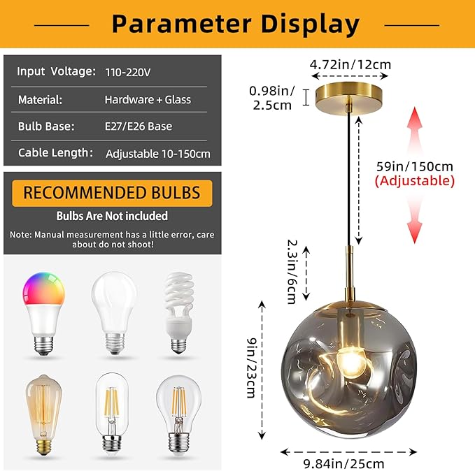 Modern Smoke Gray Concave Glass Pendant Light, Kitchen Island Lighting Single Globe Pendant Light Fixtures Century Kitchen Island Pendant Lighting for Bedroom Living Dining Room Light （Without Bulb）