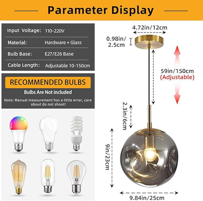 Modern Smoke Gray Concave Glass Pendant Light, Kitchen Island Lighting Single Globe Pendant Light Fixtures Century Kitchen Island Pendant Lighting for Bedroom Living Dining Room Light （Without Bulb）