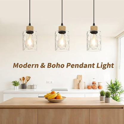 3 Pack Farmhouse Water Ripple Glass Pendant Lights for Kitchen Island, Black Kitchen Pendant Lighting, E26 Hanging Light Fixture for Dining Room, Bedroom, 41" Adjustable Cord, Bulb Not Include