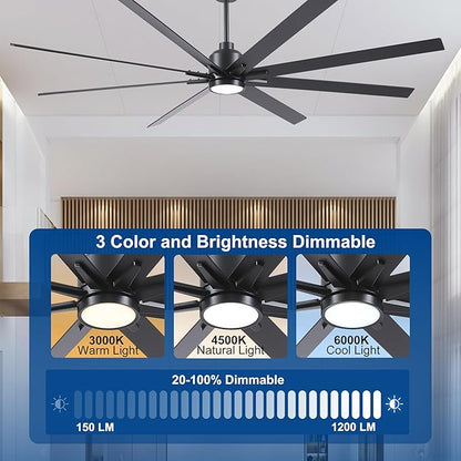 Rayqueen 84 Inch Large Ceiling Fans with Lights and Remote, Black Blades, 3CCT Dimmable LED, 6-Speed Reversible DC Motor, Ultra Quiet, 3 Timers for Living Room, Great Bedroom & Covered Outdoor