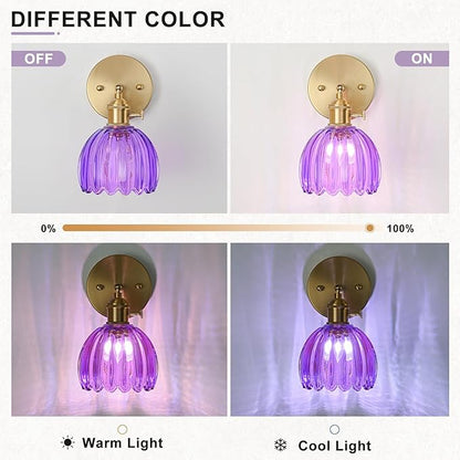 Hardwired Wall Sconce Light, Vintage Wall Sconce with Switch, Gold Wall Light Fixture with Tulip Purple Glass Lampshade, Indoor Wall Light for Bedroom Bathroom, Bedside Wall Lamp