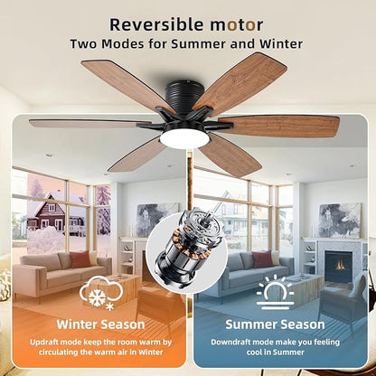 52inch Brown Ceiling Fans with Lights and Remote/App Control, Low Profile Ceiling Fan with Light and 6 Double-Side blades, Flush Mount, LED/RGB Dimmable DC Reversible Modern Ceiling Fan for Bedroom