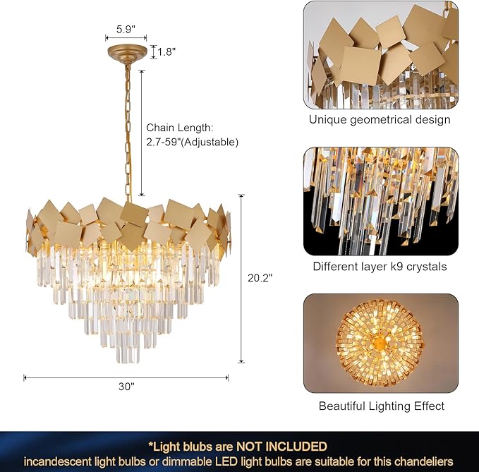 A AXILIXI Large Crystal Chandeliers 30'' Modern Gold Round Chandeliers for High Ceiling K9 6-Tier Large Brass Ceiling Chandelier Light Fixtures Luxury Chandelier for Staircase Foyer Living Room